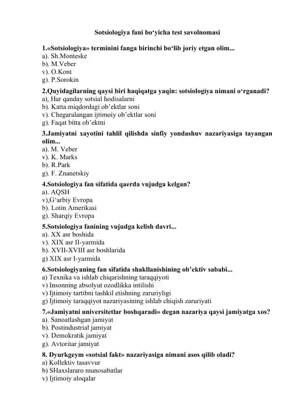 Sotsiologiya fani bo‘yicha test savolnomasi