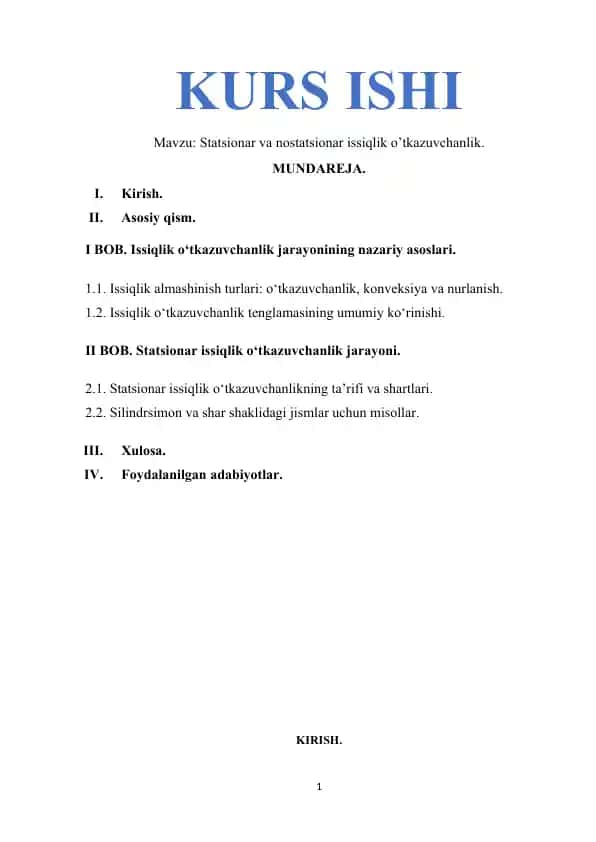 Statsionar va nostatsionar issiqlik o’tkazuvchanlik
