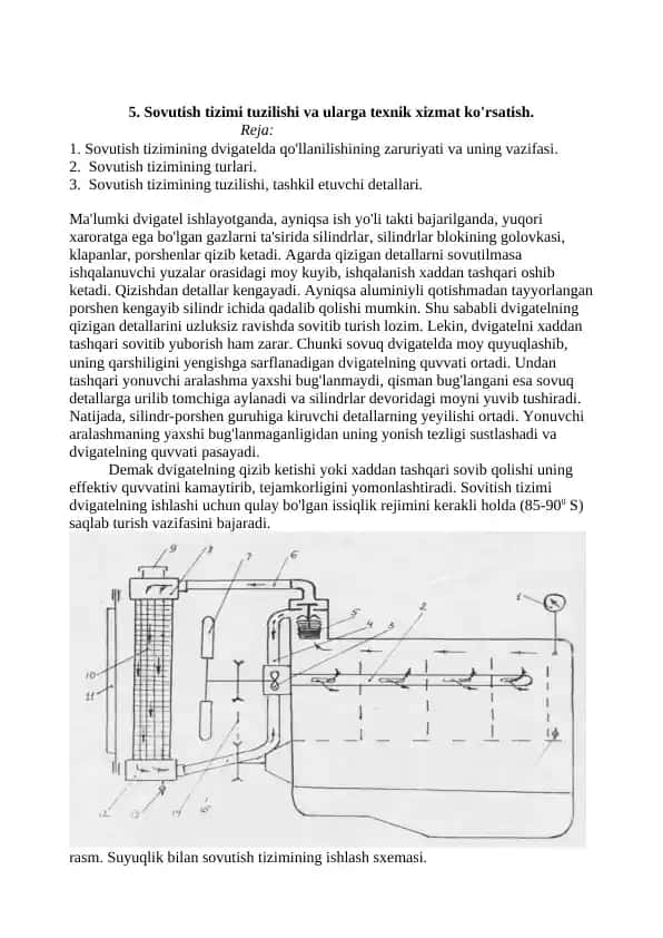 Sovutish tizimi tuzilishi va ularga texnik xizmat ko'rsatish