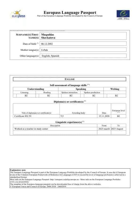 Europass Language Passport