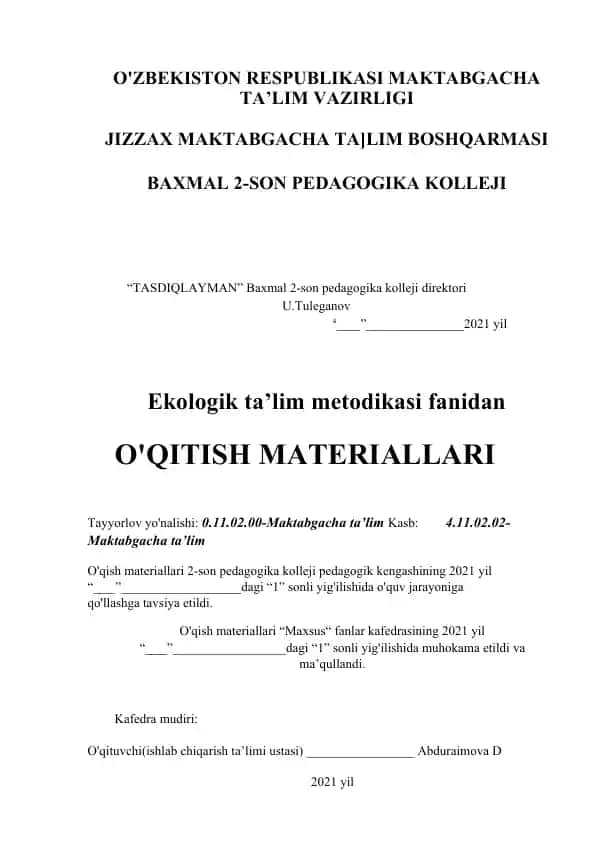 Ekologik ta’lim metodikasi fanidan O'QITISH MATERIALLARI