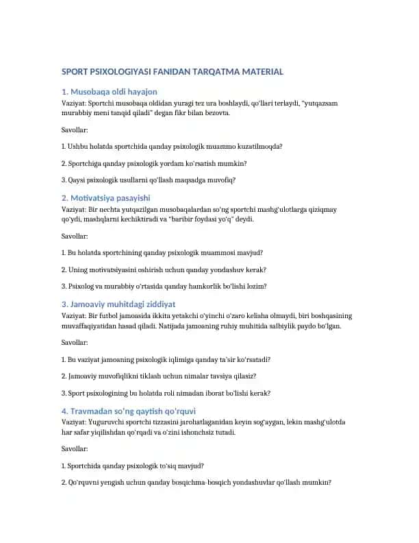 SPORT PSIXOLOGIYASI FANIDAN TARQATMA MATERIAL