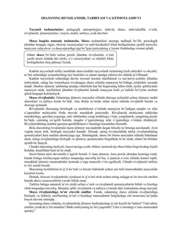 Shaxsning rivojlanishi, tarbiyasi va ijtimoiylashuvi