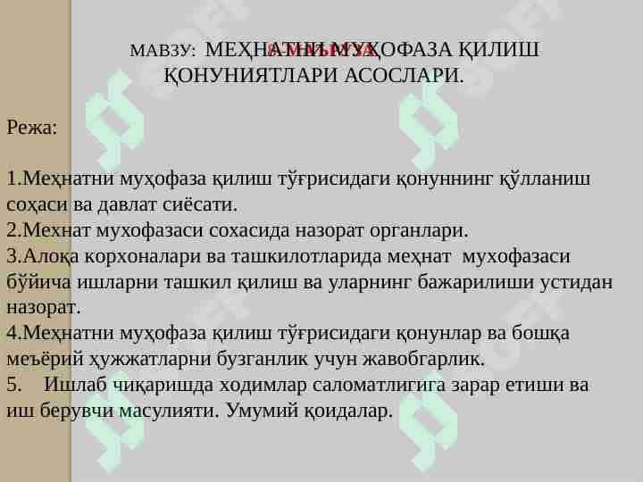 МЕҲНАТНИ МУҲОФАЗА ҚИЛИШ ҚОНУНИЯТЛАРИ АСОСЛАРИ.