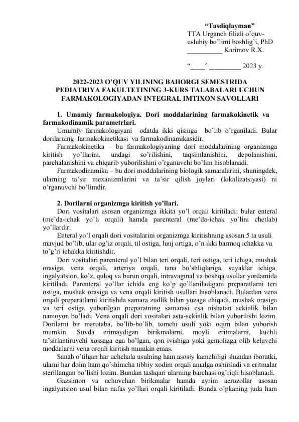 Farmakologiya dori moddalarining farmakokinetik va farmakodinamikasi