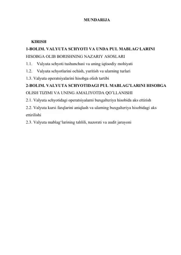 Valyuta Schyoti va Pul Mablag'larini Hisobga Olib Borishning Nazariy Asoslari