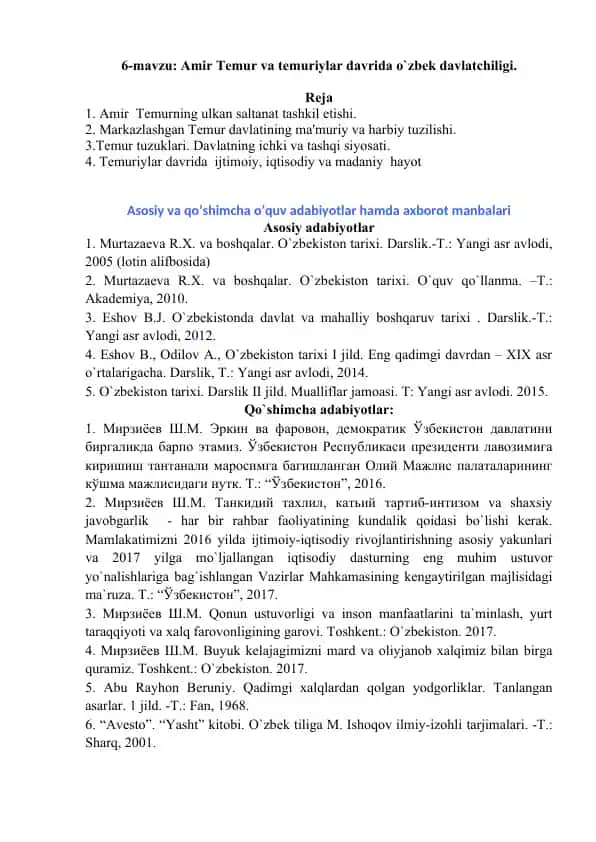 Amir Temur va temuriylar davrida o`zbek davlatchiligi