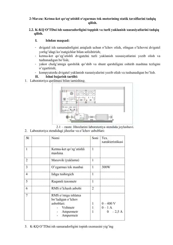 Ketma-ket qo‘zg‘atishli o‘zgarmas tok motorining statik tavsiflarini tadqiq qilish