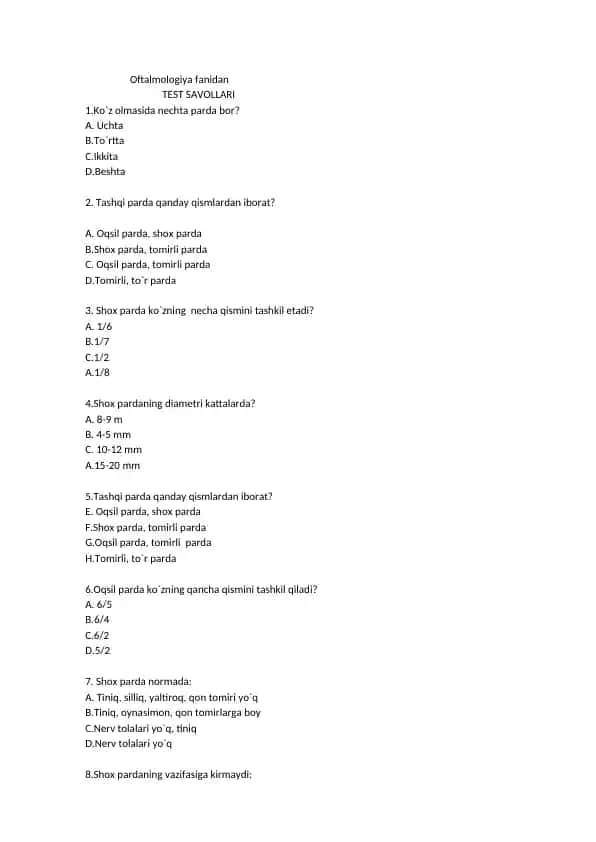 Oftalmologiya fanidan test savollari