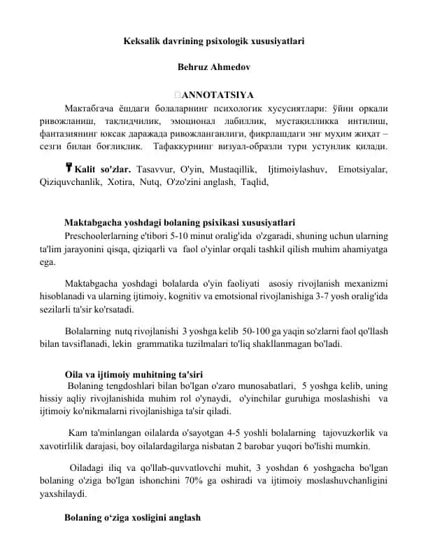 Maktabgacha Yoshdagi Bolalar Psixikasi Xususiyatlari