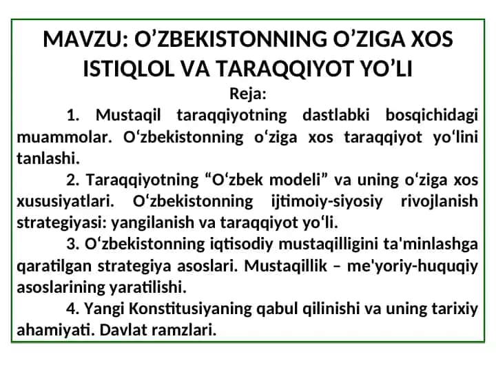 O'ZBEKISTONNING O'ZIGA XOS ISTIQLOL VA TARAQQIYOT YOโLI