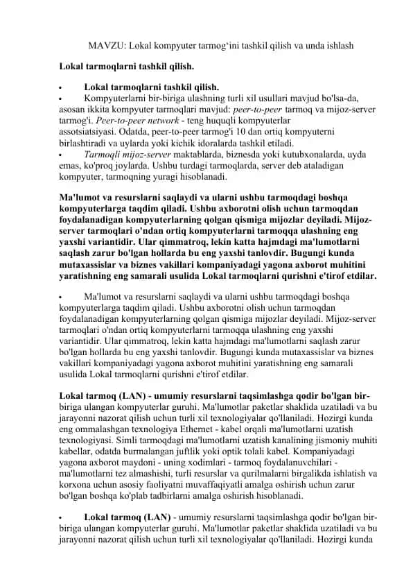 Lokal kompyuter tarmoqini tashkil qilish va unda ishlash