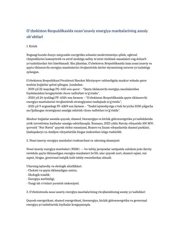 Noan’anaviy energiya manbalarining rivojlantirish chora-tadbirlari