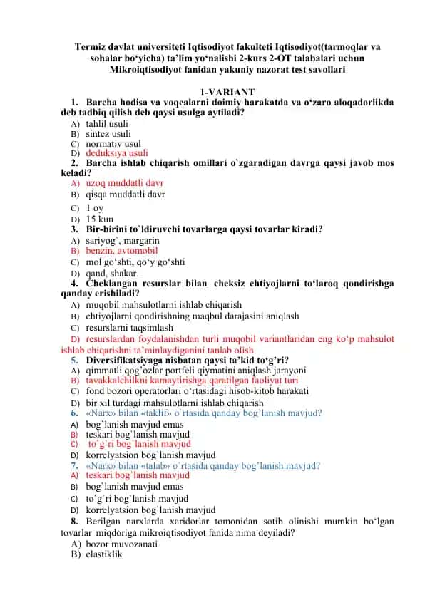 Mikroiqtisodiyot fanidan yakuniy nazorat test savollari