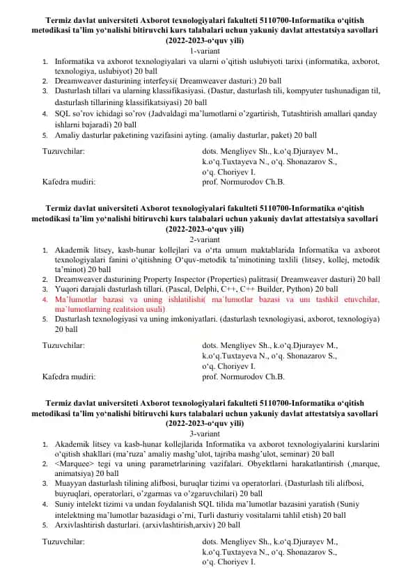 Informatika o‘qitish metodikasi ta’lim savollari