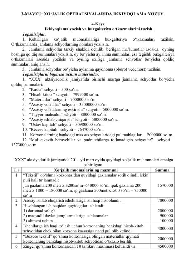 XO‘JALIK OPERATSIYALARIDA IKKIYOQLAMA YOZUV