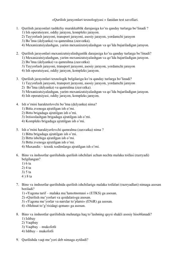 Qurilish jarayonlari texnologiyasi fanidan test savollari