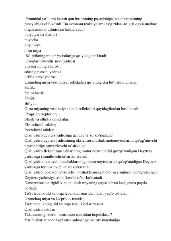 Avtonom reaksiyalar va markaziy nerv tizimining kontrol mekanizmlari