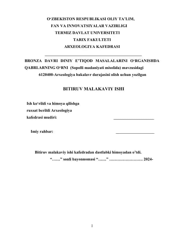 BRONZA DAVRI DINIY E’TIQOD MASALALARINI O‘RGANISHDA QABRLARNING O‘RNI (Sopolli madaniyati misolida)