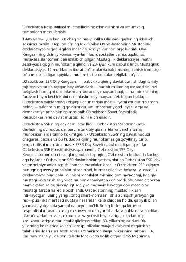 O‘zbekiston Respublikasi mustaqilligining e’lon qilinishi va umumxalq tomonidan ma’qullanishi