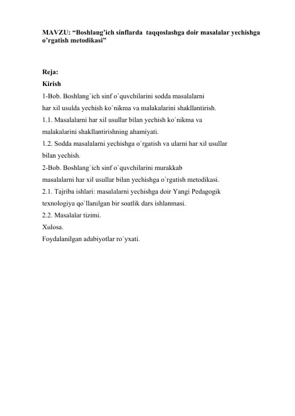 Boshlang’ich sinflarda taqqoslashga doir masalalar yechishga o’rgatish metodikasi