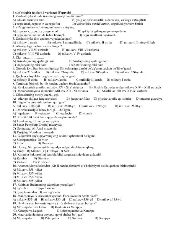 6-sinf chiqish testlari (1-2 variant)