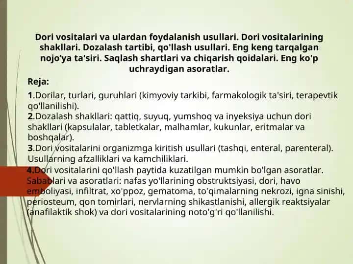 Dori vositalari va ulardan foydalanish usullari