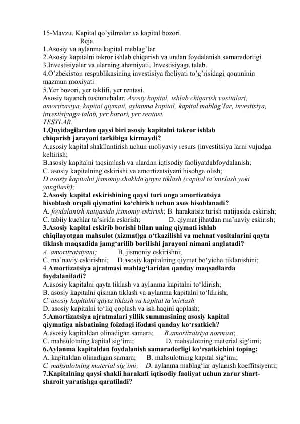 Kapital qo’yilmalar va kapital bozori