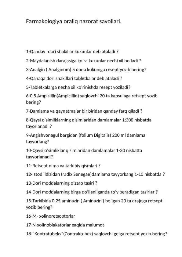 Farmakologiya oraliq nazorat savollari