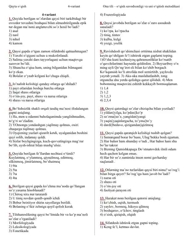 Qayta o`qish 4-variant Ona tili – o‘qish savodxonligi va uni o‘qitish metodikasi