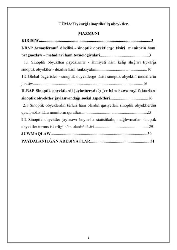 Tiykarǵi sinoptikaliq obeyktler