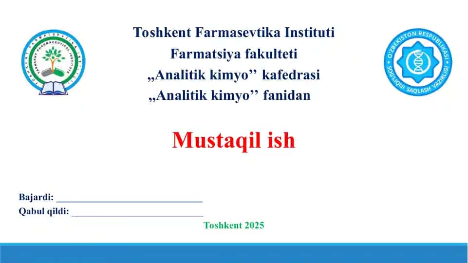 Titrlashni cho’ktirish usulida galogen saqlovchi anorganik va farmasevtik preparatlarni miqdorlarini aniqlash usullari. Taqdimot 26 bet