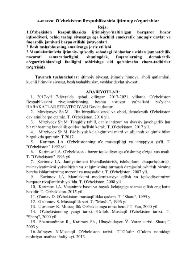 O'zbekiston Respublikasida ijtimoiy o'zgarishlar