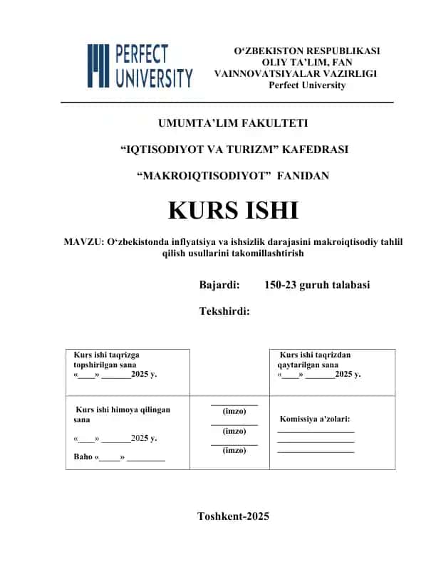 O‘zbekistonda inflyatsiya va ishsizlik darajasini makroiqtisodiy tahlil qilish usullarini takomillashtirish