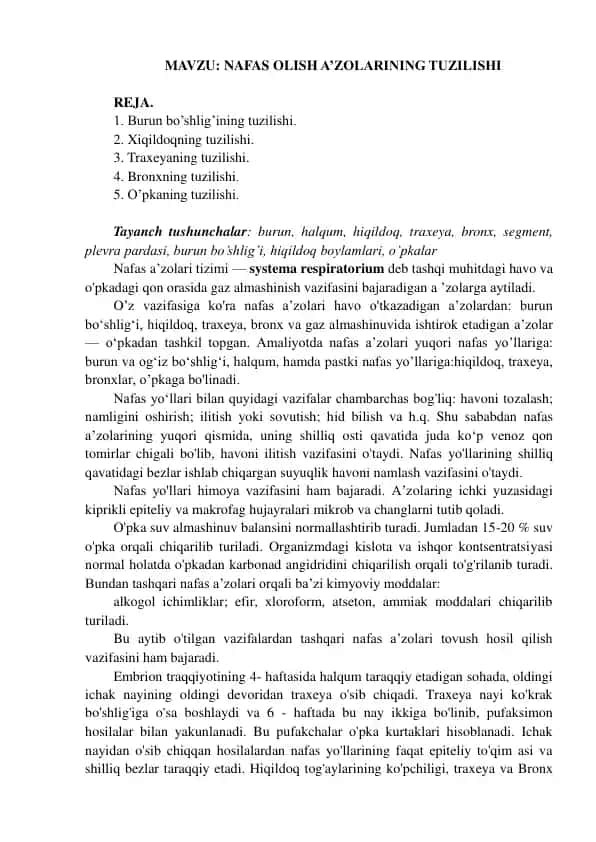 NAFAS OLISH A’ZOLARINING TUZILISHI