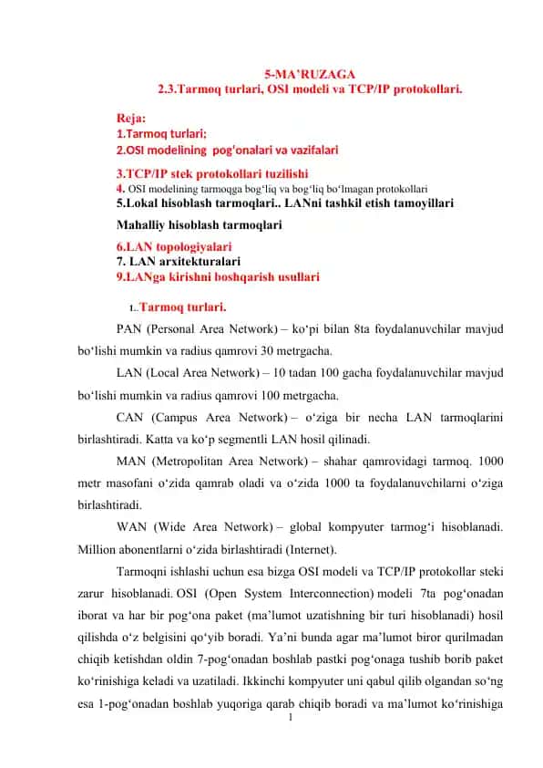 Tarmoq Turatlari, OSI modeli va TCP/IP protokollari