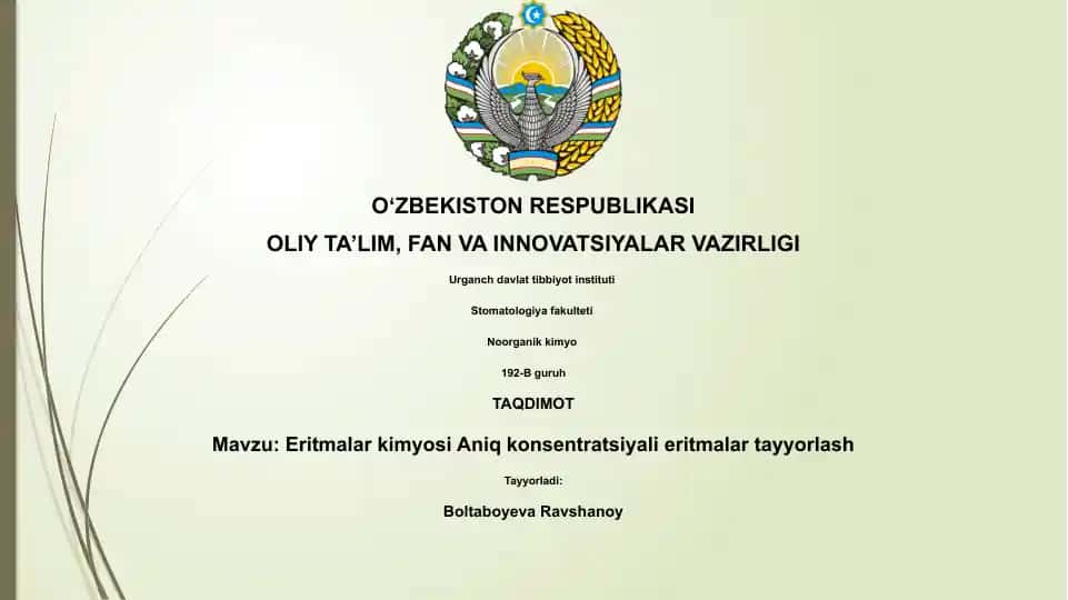 Eritmalar kimyosi Aniq konsentratsiyali eritmalar tayyorlash