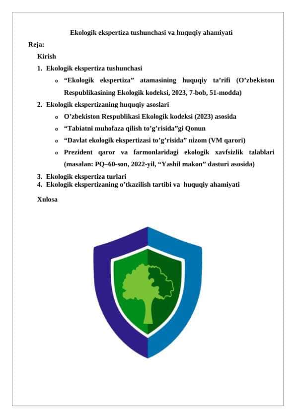 Ekologik ekspertiza tushunchasi va huquqiy ahamiyati