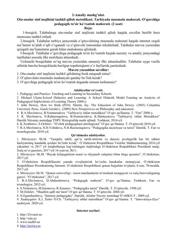 Ota-onalar sinf majlisini tashkil qilish metodikasi