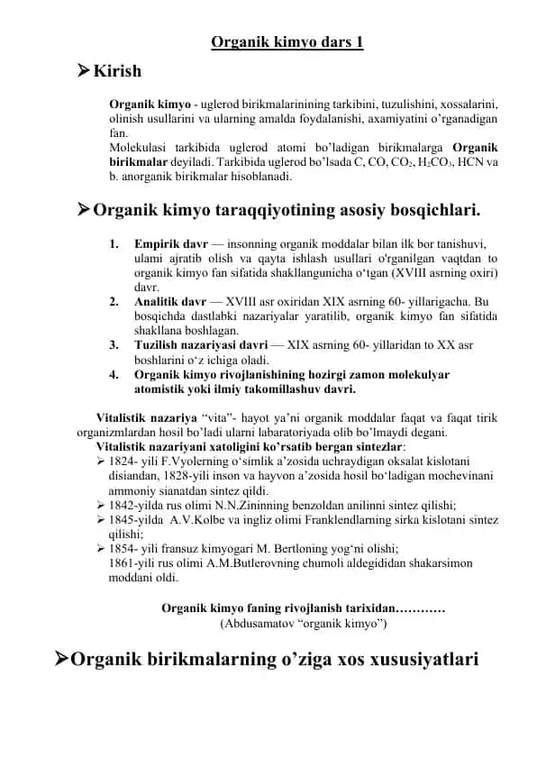 Organik kimyo dars 1