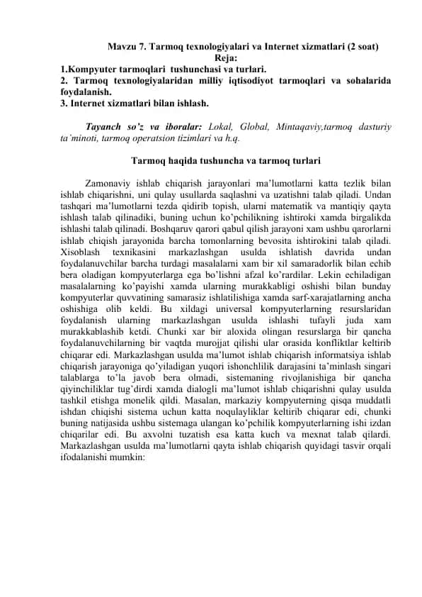 Tarmoq Texnologiyalari va Internet Xizmatlari
