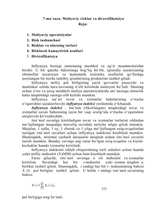 Moliyaviy risklar va diversifikatsiya