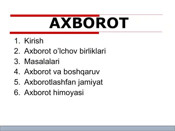 “Axborot” (TEXNIK TIZIMLARDA IT TEXNOLOGIYALARI faniga kirish)