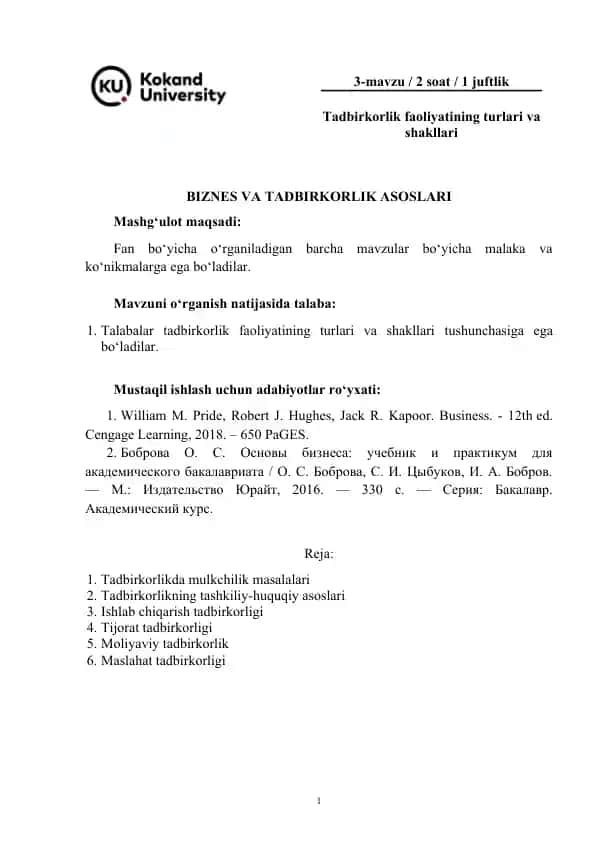 Tadbirkorlik faoliyatining turlari va shakllari