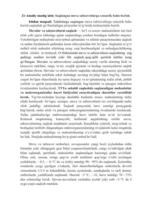 Saqlangan meva sabzavotlarga sensorik baho berish