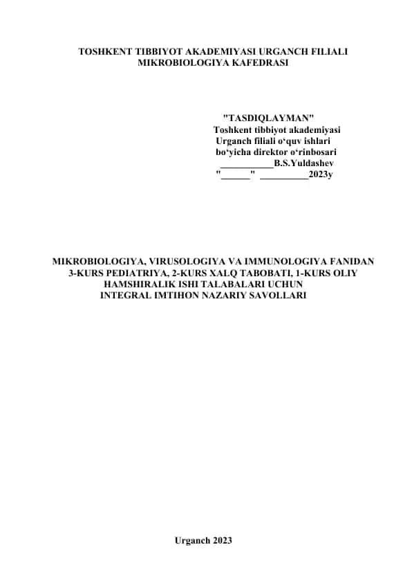 "MIKROBIOLOGIYA, VIRUSOLOGIYA VA IMMUNOLOGIYA FANIDAN 3-KURS PE"