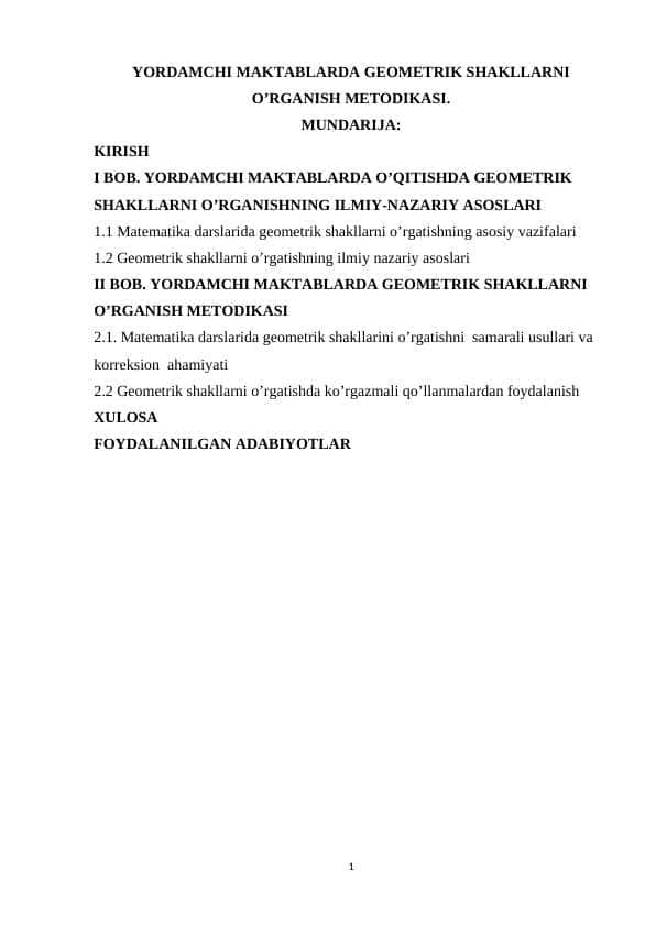 Yordamchi maktablarda geometrik shakllarni o’rganish metodikasi