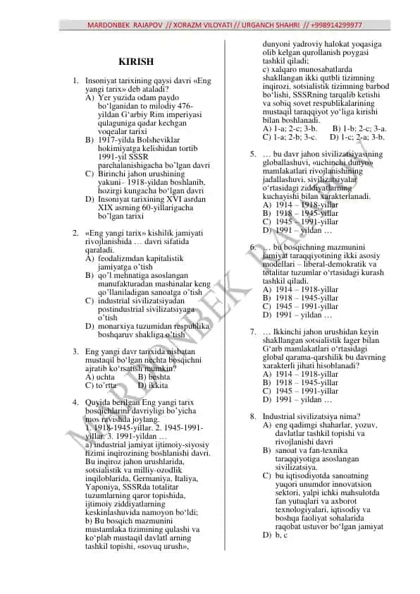10 sinf jahon tarixi mavzulashtirilgan test