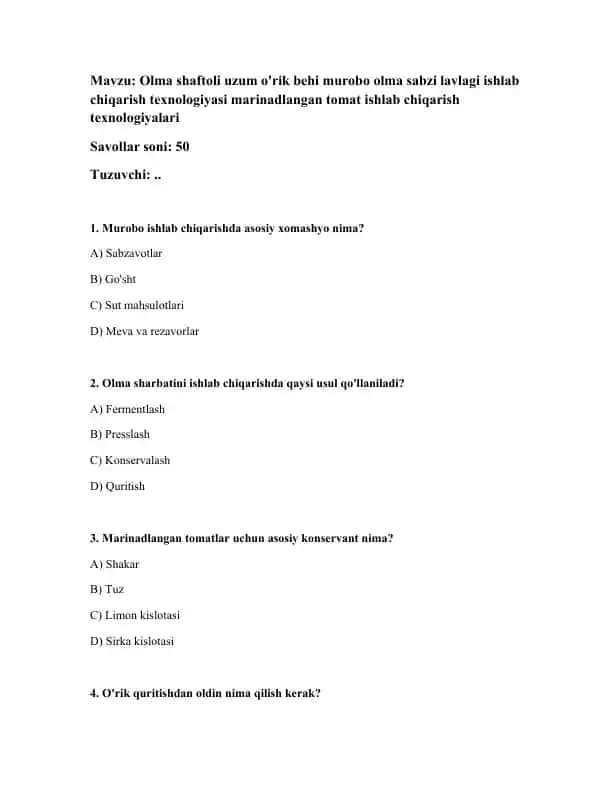 Olma shaftoli uzum o'rik behi murobo olma sabzi lavlagi ishlab chiqarish texnologiyasi marinadlangan tomat ishlab chiqarish texnologiyalari