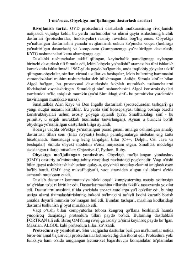 Obyektga mo’ljallangan dasturlash asoslari